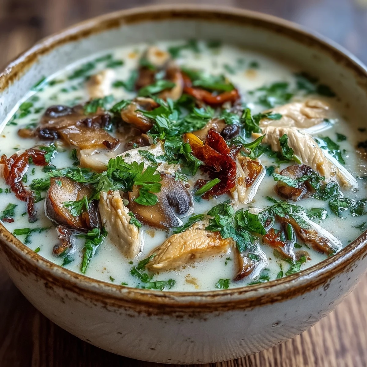 Hot Tom Kha Soup served beside jasmine rice, cilantro garnish and lime slices on a rustic wooden table.