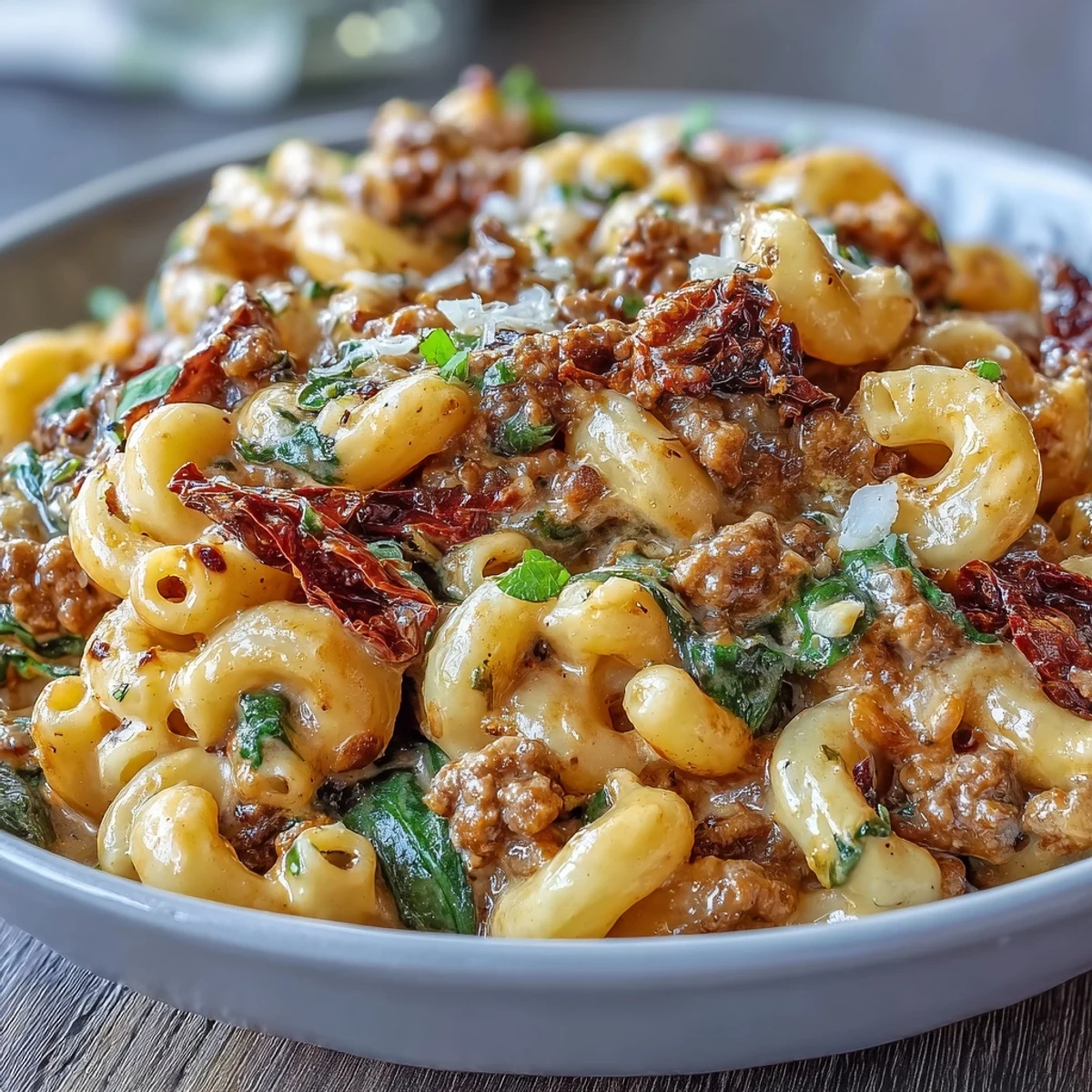 Creamy Tuscan Chili Mac served in a rustic bowl, topped with grated Parmesan cheese and fresh basil garnish for flavor.