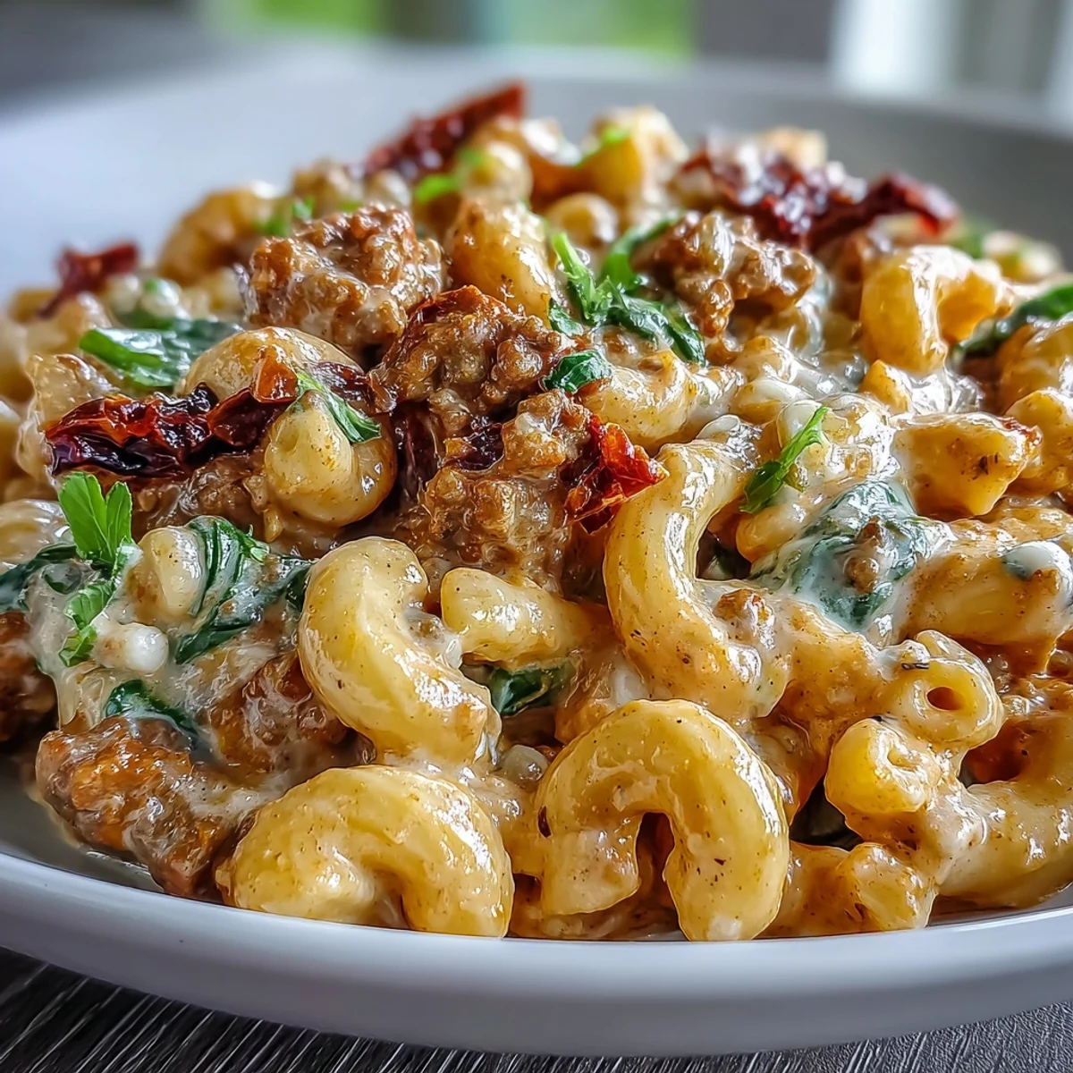 A hearty skillet of Creamy Tuscan Chili Mac with sun-dried tomatoes, spinach, and creamy sauce, ready to serve with crusty bread.