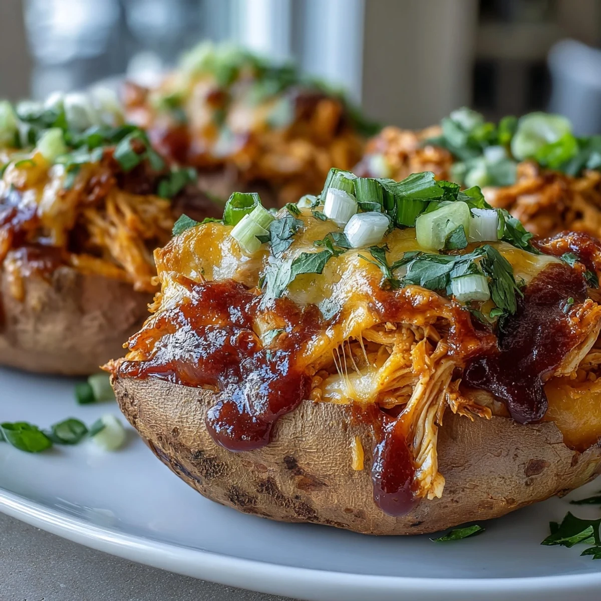 Golden roasted sweet potatoes brimming with saucy honey BBQ chicken and melted cheddar.