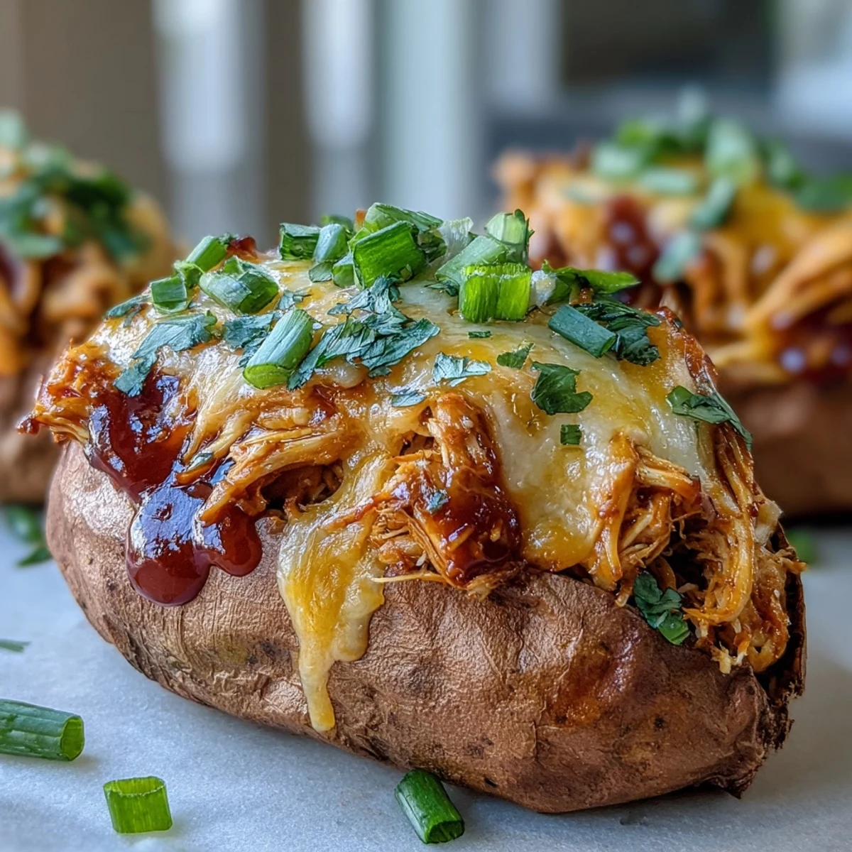 Gooey cheddar cheese melts over tender honey BBQ chicken stuffed in roasted sweet potatoes.