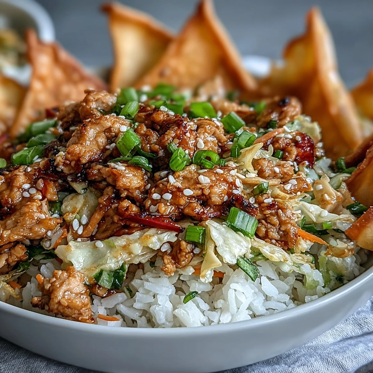 A hearty serving of Crispy Baked Egg Roll Chicken Bowls with tender vegetables and savory sauce, ready to be enjoyed family-style.