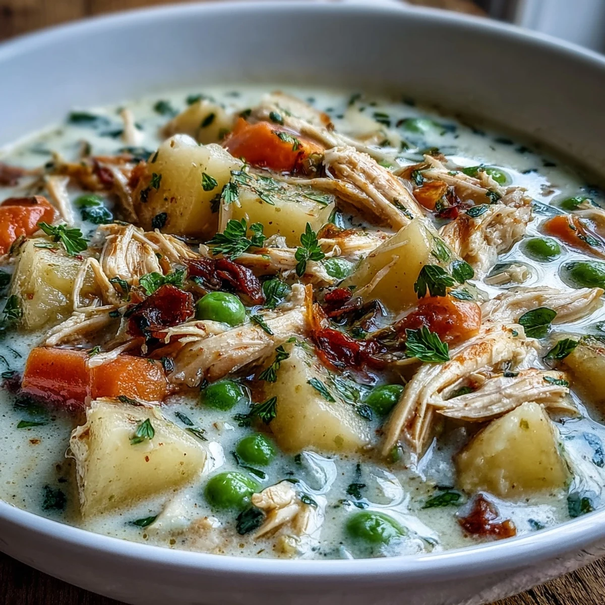 Creamy Chicken Pot Pie Soup with tender shredded chicken and colorful veggies in a rich, aromatic broth, served steaming hot in a rustic bowl.