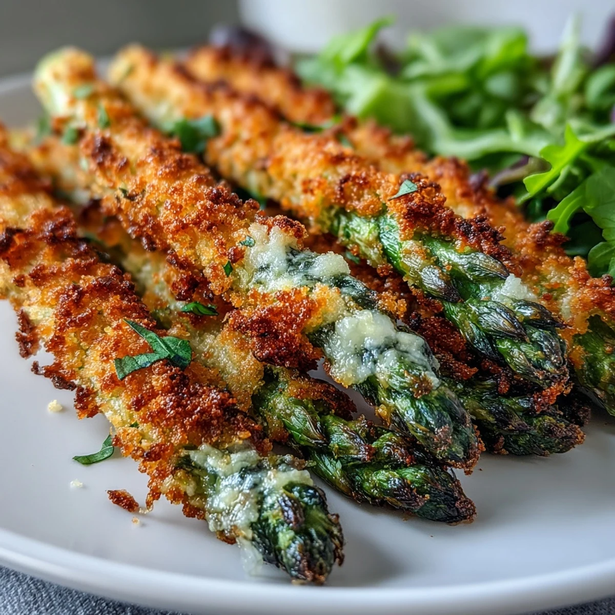 Golden-brown Crispy Parmesan Asparagus Chicken Salad topped with crunchy asparagus and fresh cherry tomatoes.