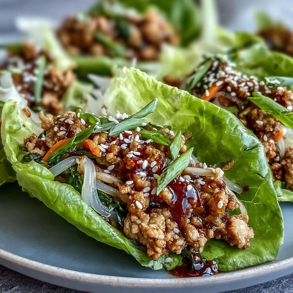 Freshly cooked Potsticker Noodle Lettuce Cups with savory turkey filling nestled in crisp butter lettuce leaves, garnished with sesame seeds and scallions.