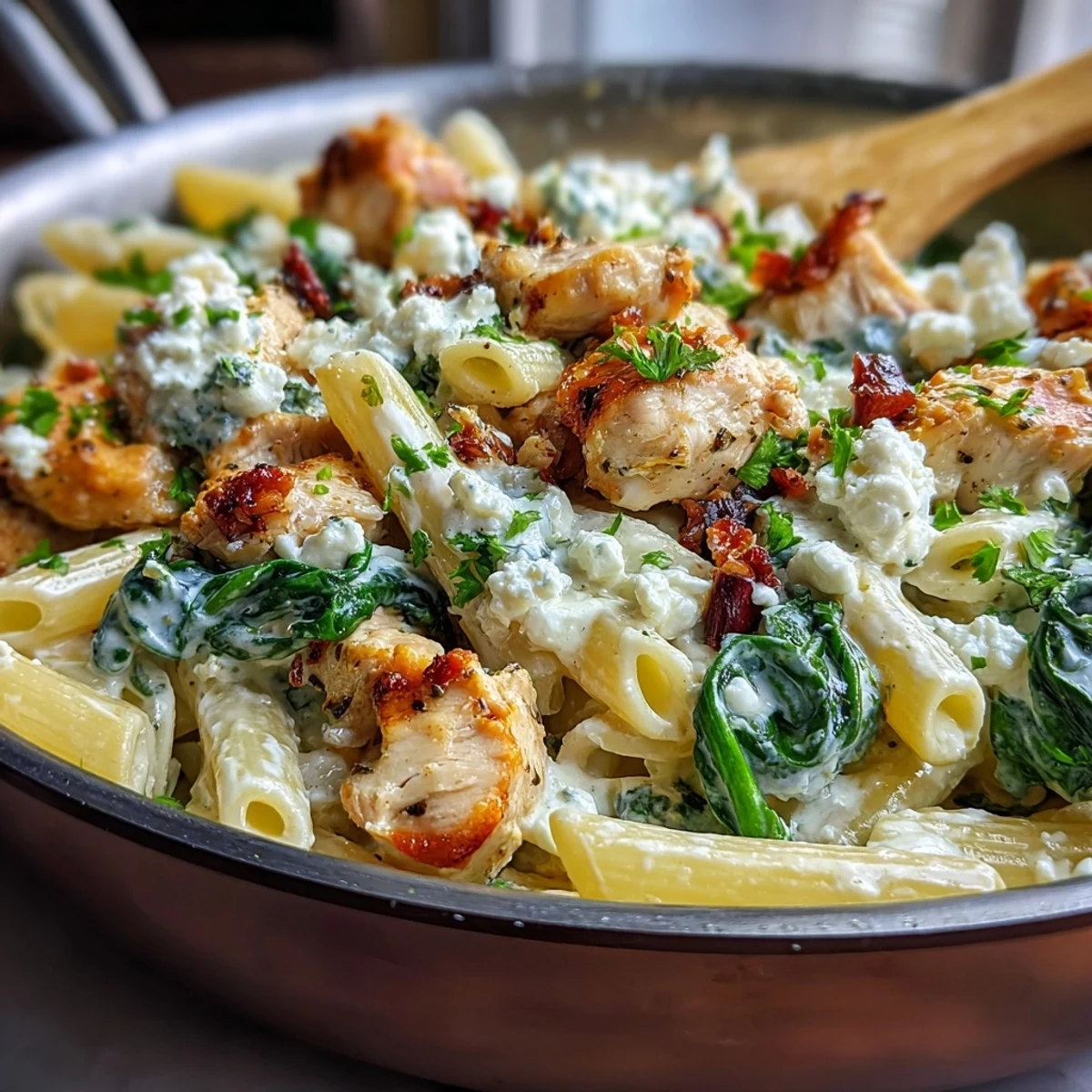 Close-up of tender chicken, al dente pasta, and wilted spinach coated in a tangy feta yogurt sauce, garnished with lemon zest in a skillet.