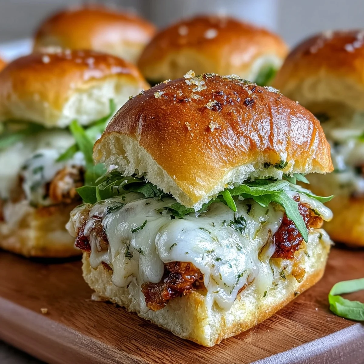 Golden-brown Pesto Chicken Parmesan Sliders baked on a parchment-lined sheet, featuring melty mozzarella and fresh basil garnish.