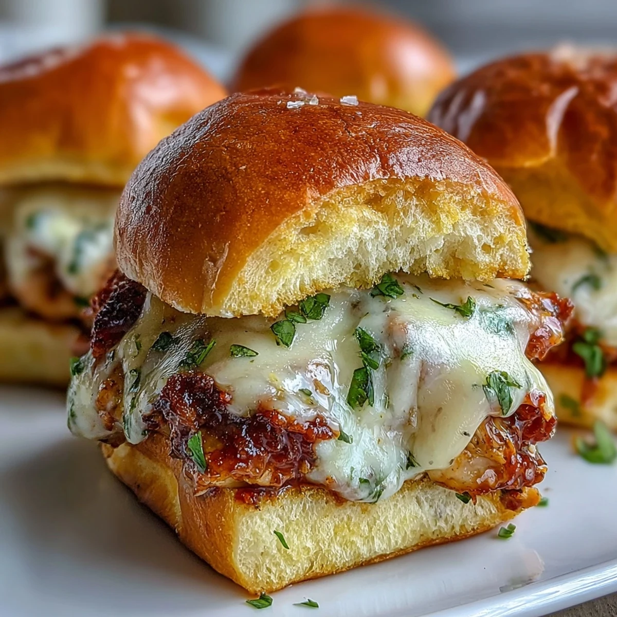Freshly baked Pesto Chicken Parmesan Sliders on a wooden board, showing tender pesto chicken and zesty marinara in soft brioche.
