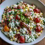 A colorful bowl of Creamy Corn Salad with Jalapeño, perfect for summer barbecues or as a zesty side dish.  