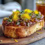 Bright yellow dandelion jelly with fresh lemon zest and a drizzle of golden honey, ready to spread on warm toast.