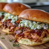 Slow-cooked pulled BBQ chicken piled high on soft buns, topped with creamy coleslaw for a tangy crunch.