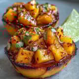 Fresh mango, pineapple, and watermelon cubes in zesty lime and chili seasoning make these vibrant fruit cups a tropical delight.