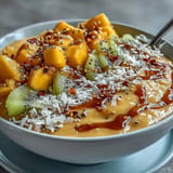 Close-up of creamy Mango Chili Lime Smoothie Bowl, topped with kiwi and granola.