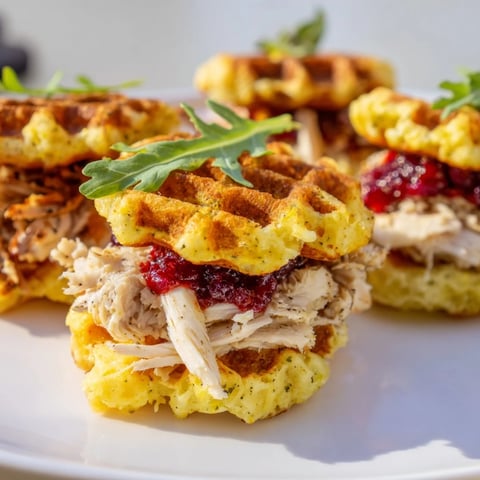 Golden, crispy stuffing waffle chicken sliders, piled high with shredded chicken and cranberry mayo.