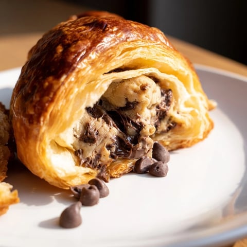 Golden, flaky Chocolate Cookie Croissants served warm, filled with melted chocolate cookie dough.