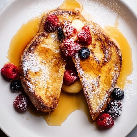 Golden-brown Ice Cream French Toast, ready to eat, served with fresh berries and drizzled syrup.