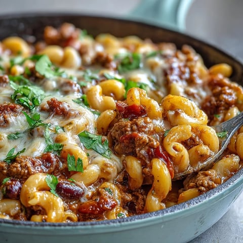 One-Pan High Protein Chili Mac topped with sour cream and green onions, served steaming hot in a rustic bowl.