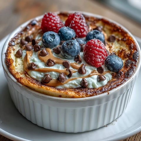 Golden brown Baked Protein Pancake Bowl topped with peanut butter and fresh berries on a rustic wooden board.