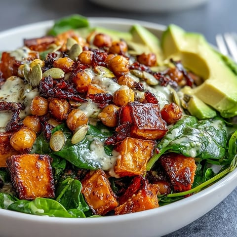 Golden roasted sweet potatoes and crispy chickpeas in a vibrant vegetarian bowl.
