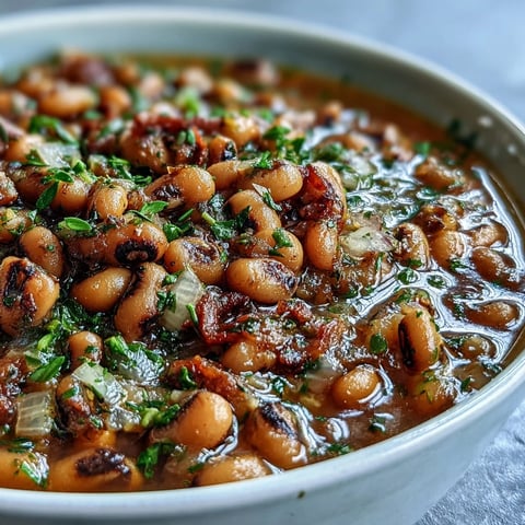 Savory frozen black-eyed peas quick version simmered with onions and garlic in a rustic bowl with fresh parsley garnish.