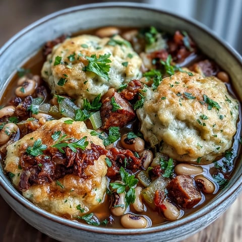 Steaming Black-Eyed Peas and Sausage Dumplings emerge from a savory broth filled with tender vegetables and smoky sausage.