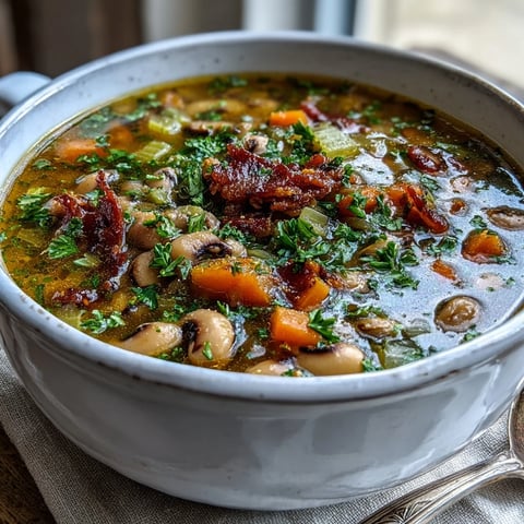 A warm bowl of Black-Eyed Peas and Bacon Soup garnished with fresh parsley and crispy bacon bits.