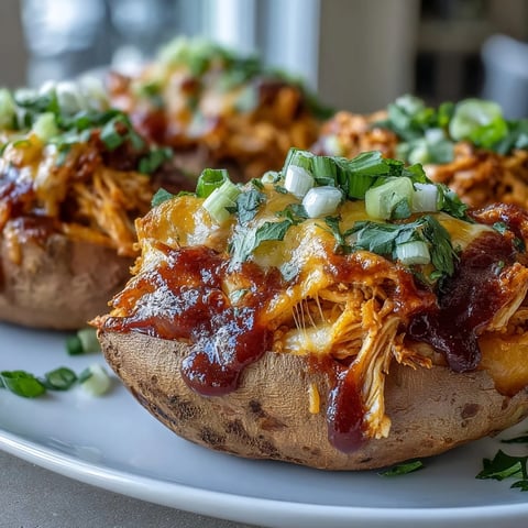 Golden roasted sweet potatoes brimming with saucy honey BBQ chicken and melted cheddar.