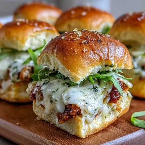 Golden-brown Pesto Chicken Parmesan Sliders baked on a parchment-lined sheet, featuring melty mozzarella and fresh basil garnish.