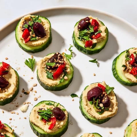 Quick Hummus and Cucumber Bites: Vibrant, creamy hummus atop fresh cucumber rounds, ready to enjoy as a light appetizer.