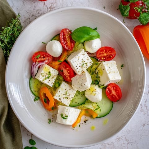 Mediterranean Sun-Drenched Patio mezze board: a colorful spread of fresh flavors, drizzled with olive oil.