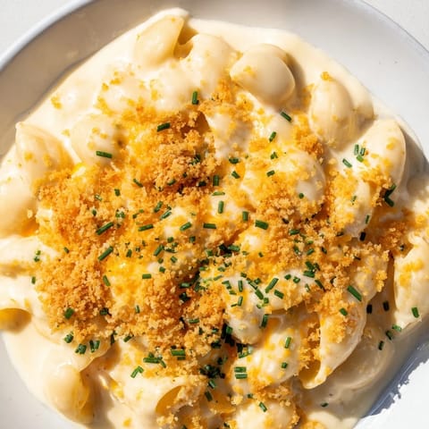 Golden, cheesy Cottage Cheese Mac and Cheese, ready to eat, with a sprinkle of fresh herbs.