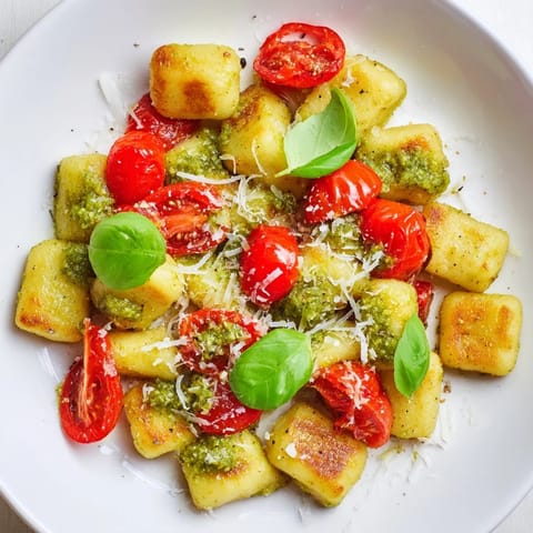 Sizzling Crispy Gnocchi with Pesto, boasting cherry tomatoes and fresh basil, a colorful Italian delight.