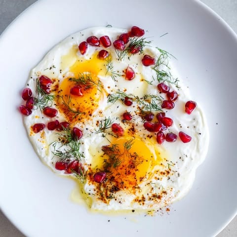 Golden poached eggs swirled with sumac butter on a plate of Çılbır, a Turkish breakfast.