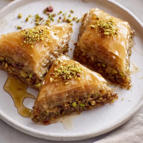 Golden, flaky Turkish Hazelnut & Pistachio Baklava, topped with glistening honey syrup and chopped nuts.
