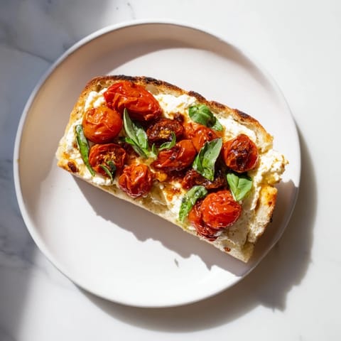 Savory baked feta toast served warm with sweet tomatoes, olive oil, and basil.