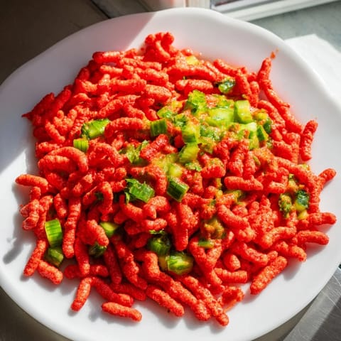 Vibrant Flamin Hot Cheeto Salad with diced cucumber and fresh cilantro, tossed in a zesty lime-hot sauce for a spicy, crunchy snack.