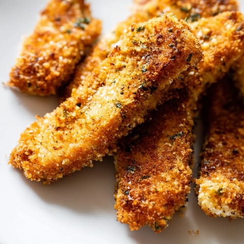 Golden, oven-baked Crispy Panko Chicken Strips on a baking sheet, ready for family dinner with a side salad.  