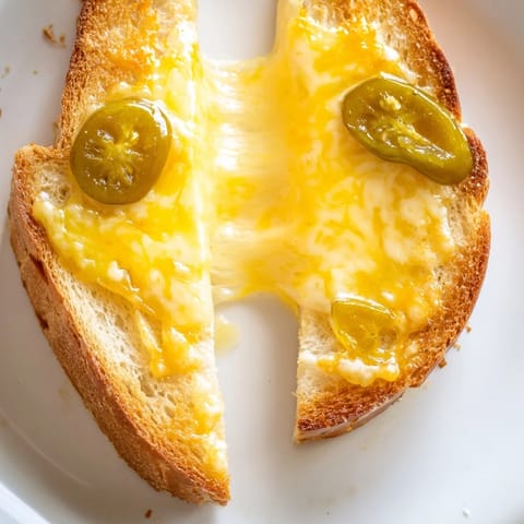 A close-up of a homemade Cheddar Jalapeño Grilled Cheese, showing melted cheese oozing from the crispy, golden-brown crust.