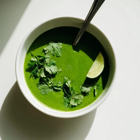 Creamy Spinach Coriander Lemongrass Soup simmering in a pot, steam rising from the fragrant coconut milk and spices.