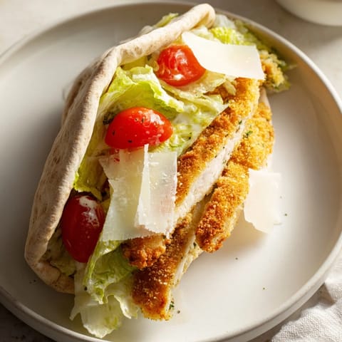A close-up of herbed chicken Caesar pitas filled with crunchy romaine and shaved Parmesan.  