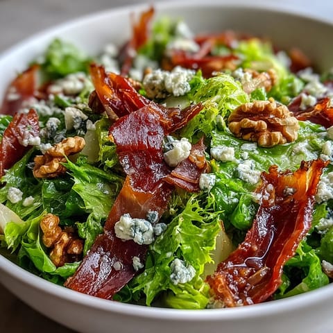 Frisée, Pear, Blue Cheese, and Crispy Prosciutto Salad with tangy dressing and sweet pear slices.