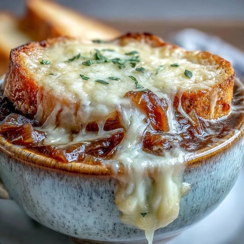 Deeply caramelized onions in rich beef broth for French Onion Soup, garnished with thyme.