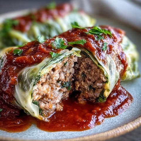 Golden-brown Cabbage Rolls served hot from the oven with steam rising from the hearty tomato sauce topping.