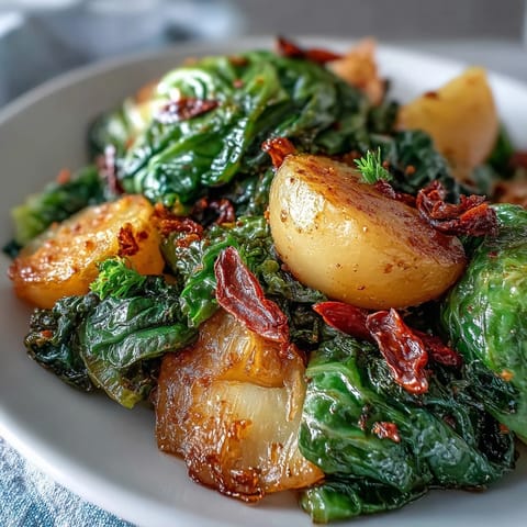 Savory Braised Cabbage With Potatoes and Chili on a spoon, garnished with fresh parsley and a bright wedge of lemon.
