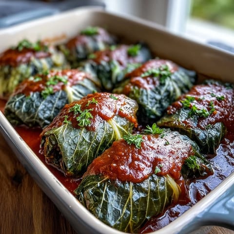 Freshly baked vegan cabbage rolls filled with lentils and brown rice, served alongside crusty bread and mashed potatoes.