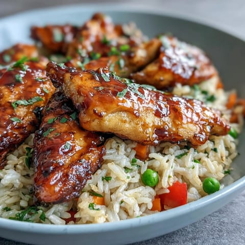 One-Pan Bold Honey BBQ Chicken Rice with tender glazed chicken and fluffy, colorful vegetable rice.