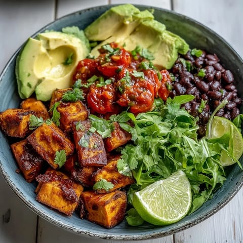 A vibrant Sweet Potato and Black Bean Bowl topped with creamy avocado, fresh salsa, and chopped cilantro.
