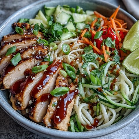 Fork-tender chicken and colorful veggies top a bowl of rice noodles in savory sauce.
