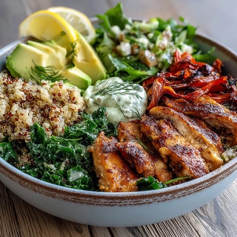 Golden pan-fried chicken and smoky paprika roasted vegetables in a Paprika Roasted Vegetable Quinoa Bowl with avocado.