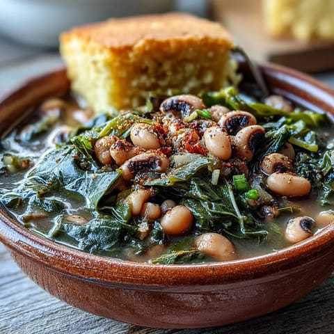 Golden cornbread wedges are served alongside tender Black-Eyed Peas With Collard Greens, garnished with a dash of hot sauce for a zesty kick.